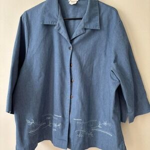 Vintage Grannycore Light Blue denim embroidered Cottagecore ButtonUp Shirt Large